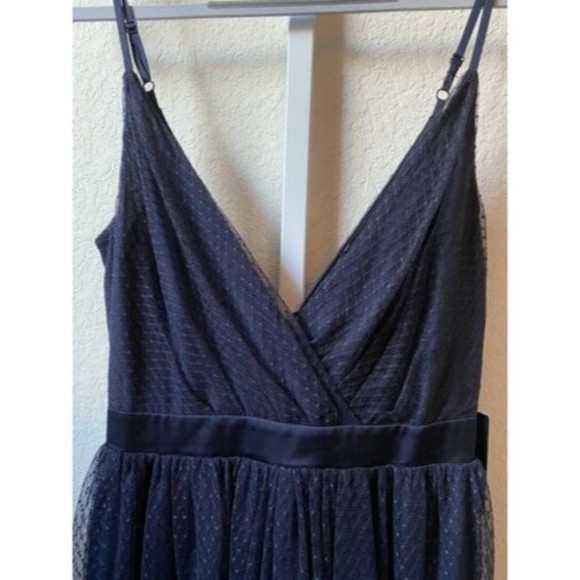 Express Navy Blue Polka Dot Tulle Full Skirt Sleeveless Midi slip Dress y2k sz 0 - Picture 6 of 9